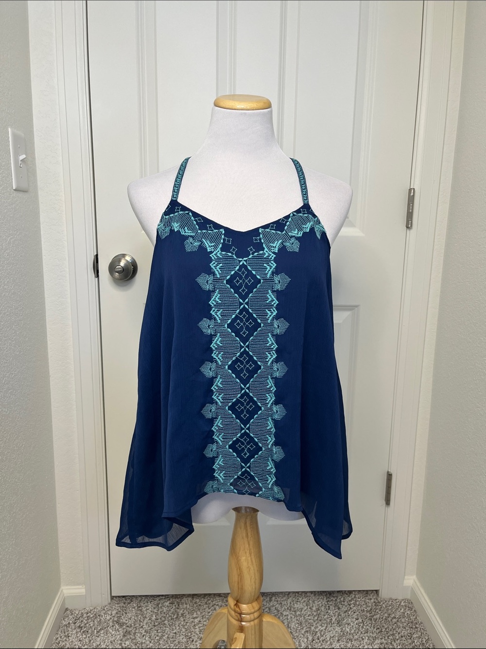 Maurices Navy Blue Embroidered Camisole with Turquoise Detail